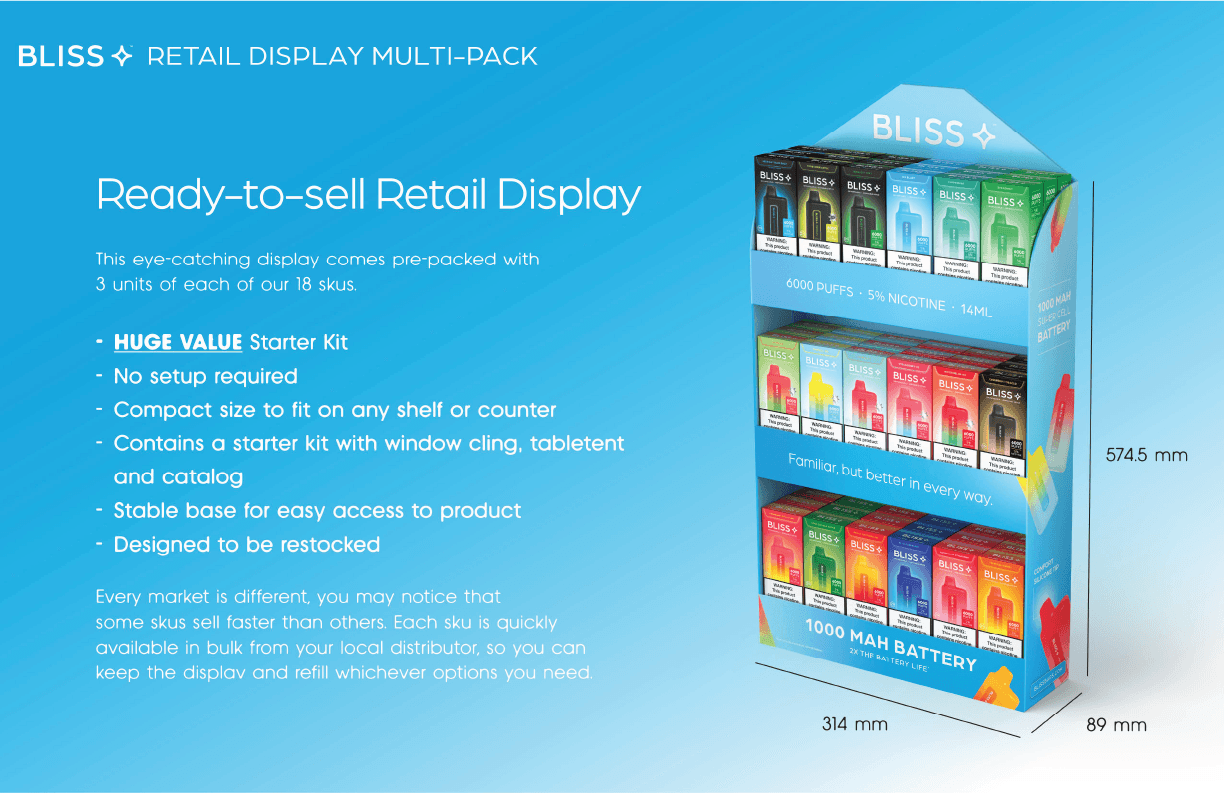 Bliss ready-to-sell retail display multi-pack, pre-packed with 3 units of each of our 18 SKUs